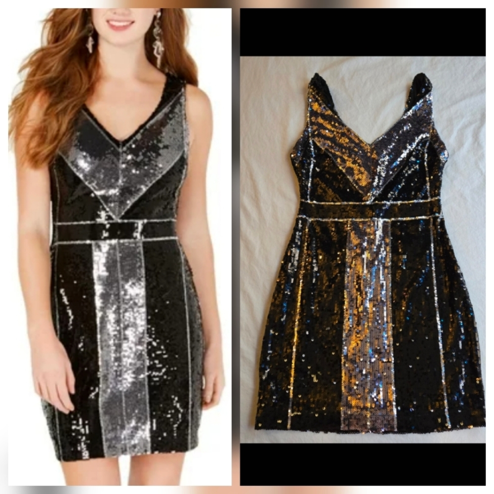 B Darlin Black & Silver Geometric Sequin Party Prom Evening Dress